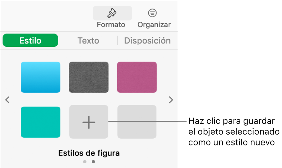 La ficha Estilo de la barra lateral Formato con cuatro estilos de imagen, el botón “Crear estilo” y un marcador de posición de estilo vacío.