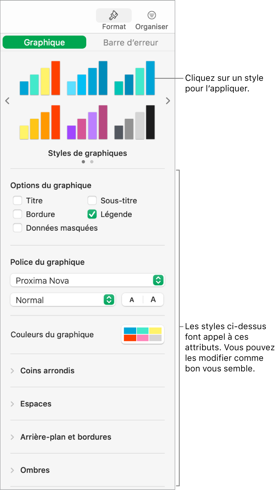 Barre latérale de formatage avec les commandes permettant de mettre en forme les graphiques.