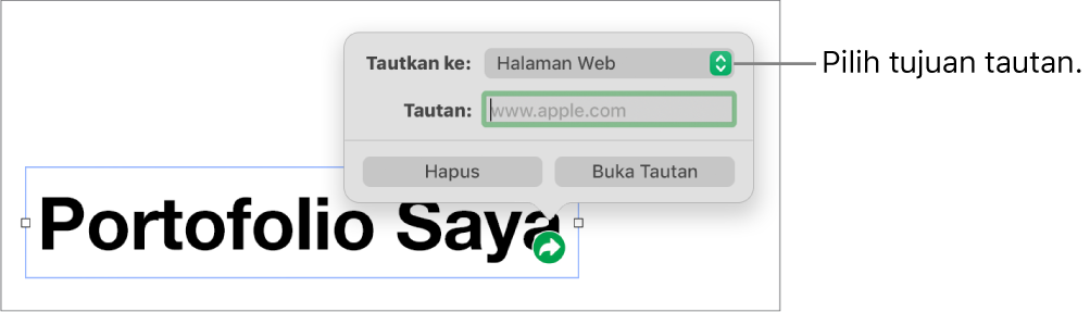Kontrol editor tautan dengan Halaman Web dipilih dan tombol Hapus serta Buka Tautan di bagian bawah.