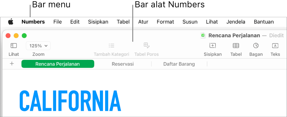 Bar menu di bagian atas layar dengan menu Apple, Numbers, File, Edit, Sisipkan, Tabel, Atur, Format, Susun, Lihat, Jendela, dan Bantuan. Di bawah bar menu adalah spreadsheet Numbers yang terbuka dengan tombol bar alat di sepanjang bagian atas untuk Lihat, Zoom, Tambah Kategori, Tabel Poros, Sisipkan, Tabel, Bagan, dan Teks