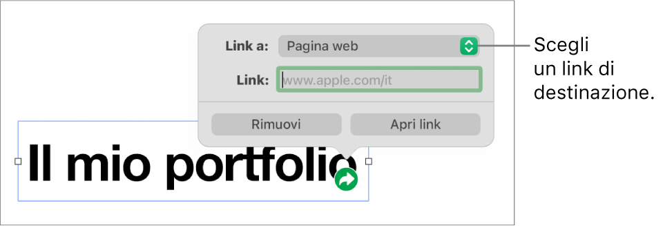 I controlli dell’editor dei link con la pagina web selezionata e con i pulsanti per rimuovere o aprire il link mostrati in basso.