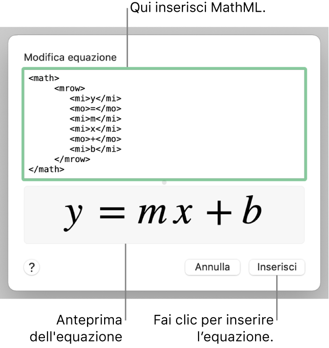 L’equazione del coefficiente angolare di una retta nel campo “Modifica equazione” e un’anteprima della formula sotto.