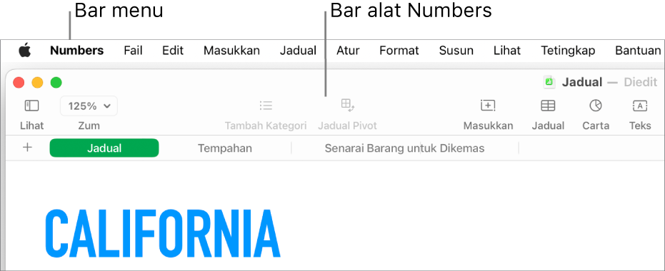 Bar menu di bahagian atas skrin dengan menu Apple, Numbers, Fail, Edit, Masukkan, Jadual, Atur, Format, Susun, Paparan, Tetingkap dan Bantuan. Di bawah bar menu ialah hamparan Numbers terbuka dengan butang bar alat merentas bahagian atas untuk Paparan, Zum, Tambah Kategori, Jadual Pivot, Masukkan, Jadual, Carta dan Teks.