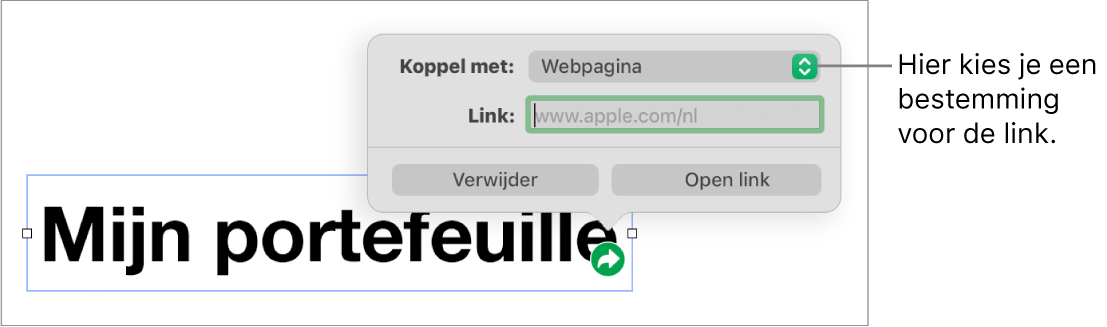 De regelaars in de linkeditor. 'Webpagina' is geselecteerd en onderaan staan de knoppen 'Verwijder' en 'Open link'.