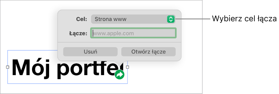 Narzędzia edytora łączy; wybrane jest narzędzie Strona www; na dole znajdują się przyciski Usuń i Otwórz łącze.