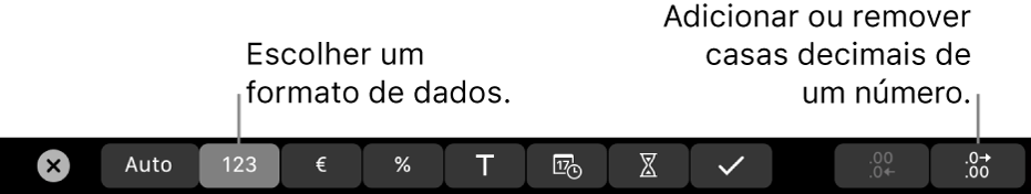 A Touch Bar do MacBook Pro com controlos para escolher o formato dos dados e adicionar ou remover casas decimais de um número.