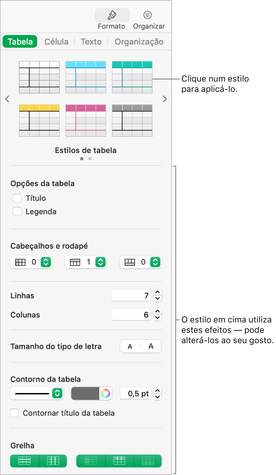 A barra lateral "Formatação” a mostrar estilos de tabela e opções de formatação.