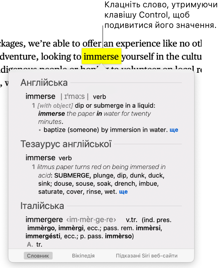 Текст із виділеним словом і вікно, в якому відображається його визначення та стаття з тезаурусу. Три кнопки внизу вікна містять посилання на вебсайти словника, Вікіпедії й пропозицій Siri.