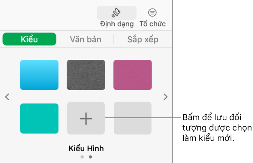 Tab Kiểu của thanh bên Định dạng với bốn kiểu hình ảnh, một nút Tạo kiểu và một trình giữ chỗ kiểu trống.