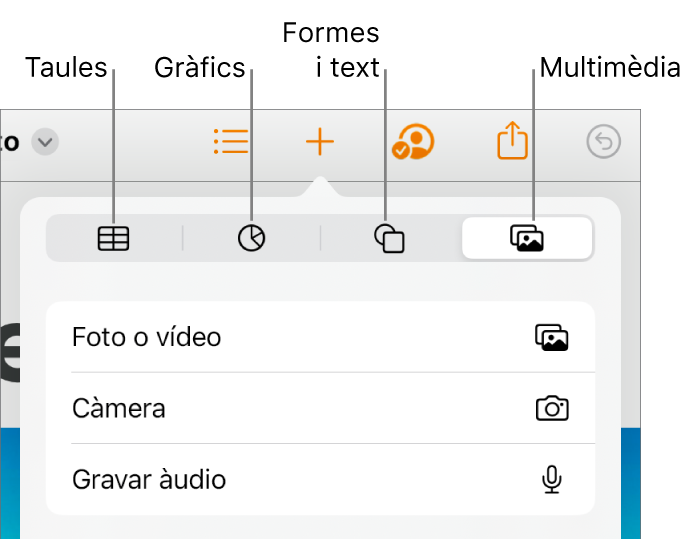 Els controls Inserir oberts amb botons per afegir taules, gràfics, text, formes i contingut multimèdia a la part superior.