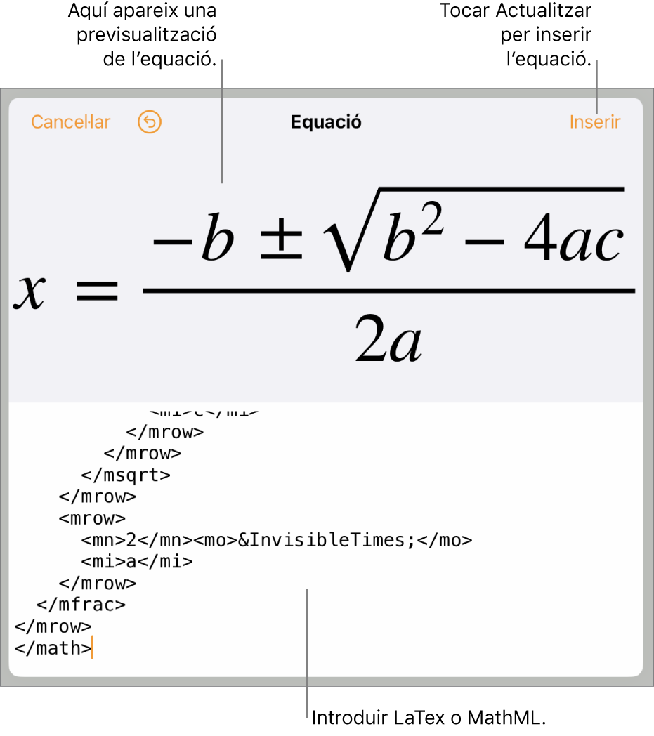 El quadre de diàleg Equació amb una equació escrita amb les ordres MathML i una previsualització de la fórmula al damunt.