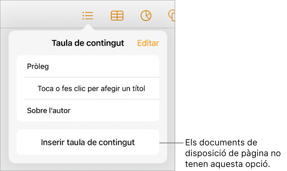 La vista “Taula de contingut” amb Editar a l’angle superior dret, entrades de la taula de contingut i el botó “Inserir taula de contingut” a la part inferior.