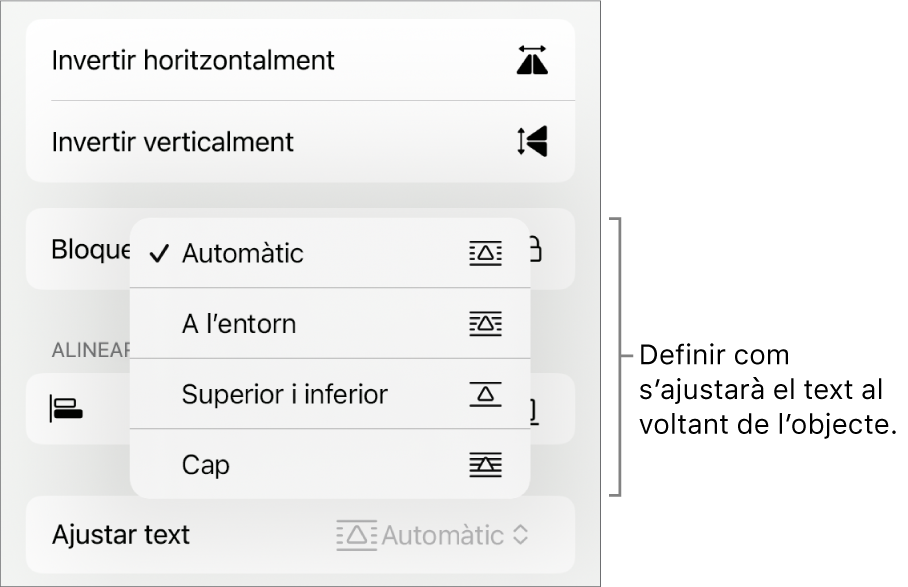 Els controls de format amb la pestanya Organitzar seleccionada. A sota hi ha els controls de l’opció “Ajustar text”, amb “Moure enrere/davant”, “Moure amb el text” i “Ajustar text”.
