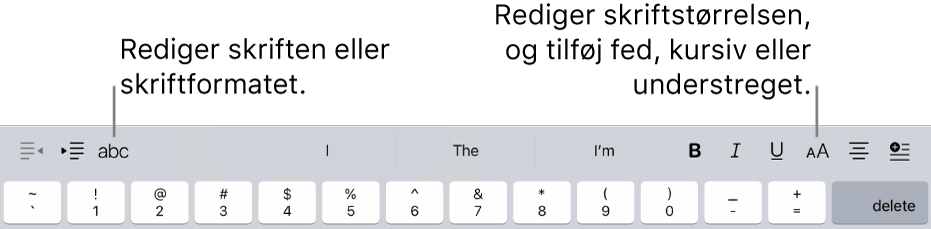 Knapperne til formatering af tekst over tastaturet med indrykning til venstre og derefter skrift, tre felter til forventet tekst, skriftstørrelse, justering og indsæt.