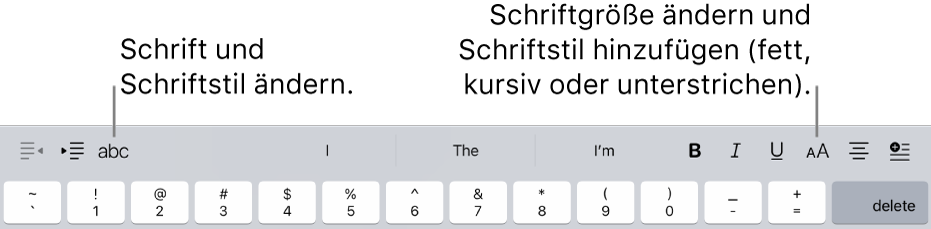Die Tasten zur Textformatierung über der Tastatur – links befinden sich Felder für Einzug, Schrift, drei Felder für erkannten Text, Schriftgröße, Ausrichtung und Einfügen.