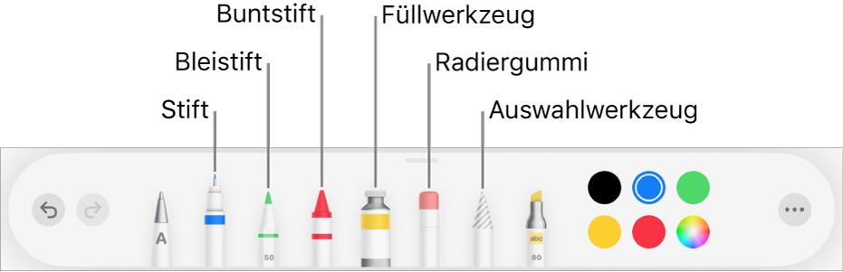 Die Zeichen-Symbolleiste in Pages auf dem iPad mit Werkzeugen wie Stift, Bleistift, Buntstift, Füllwerkzeug, Radiererwerkzeug, Auswahlwerkzeug und Farbfeld mit der aktuellen Farbe