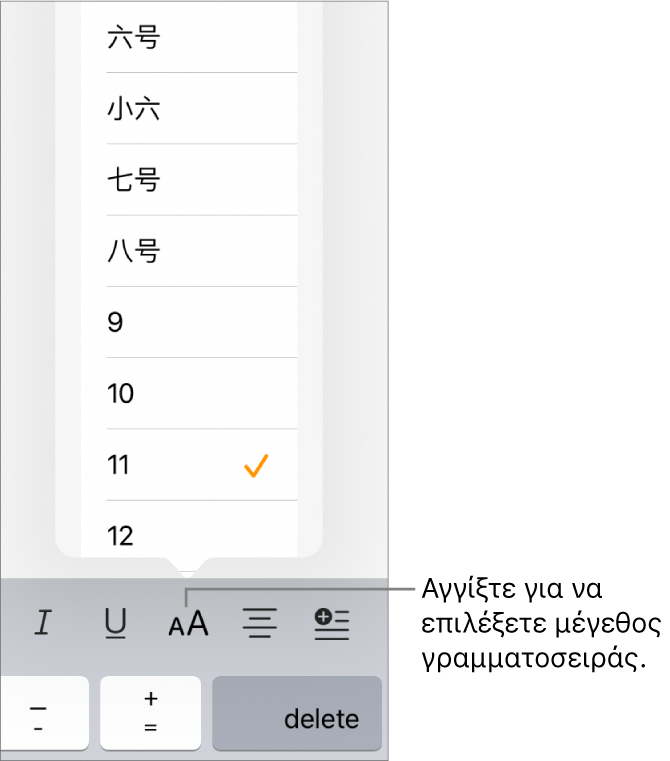 Το κουμπί «Μέγεθος γραμματοσειράς» στη δεξιά πλευρά του πληκτρολογίου του iPad με ανοιχτό το μενού μεγέθους γραμματοσειράς. Στο πάνω μέρος του μενού εμφανίζονται τα τυπικά μεγέθη γραμματοσειράς της κινεζικής κυβέρνησης, με τα μεγέθη σε στιγμές από κάτω.
