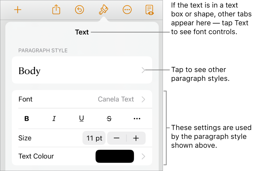 The Format menu showing text controls for setting paragraph and character styles, font, size and colour.
