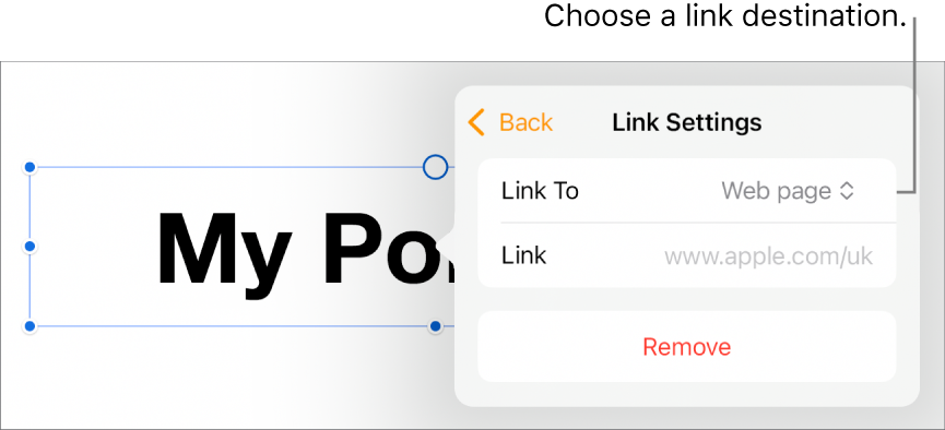 The Link Settings controls with Web Page selected, and the Remove button at the bottom.