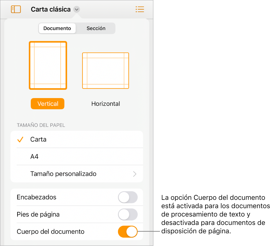 Los controles de formato del Documento con la opción Cuerpo del documento activada cerca de la parte inferior de la pantalla.