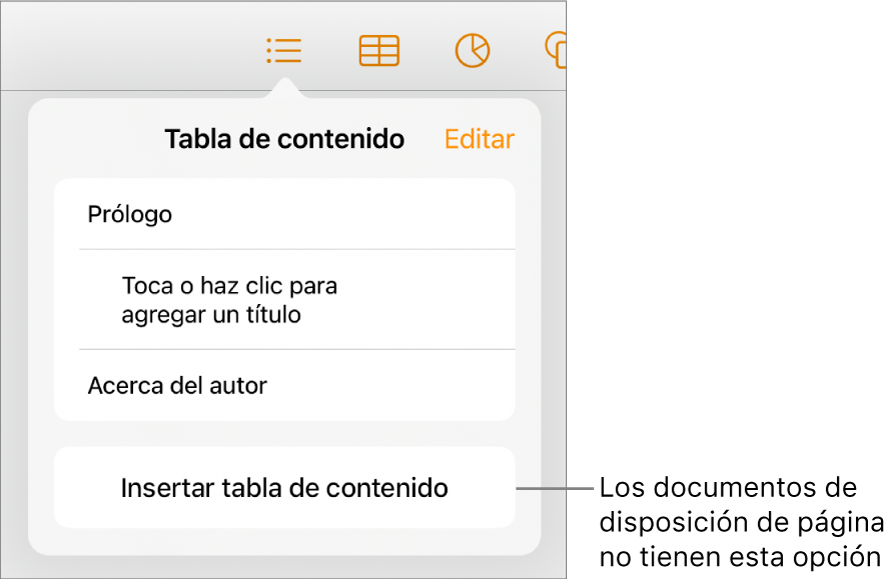 La visualización de la tabla de contenido con la opción Editar en la esquina superior derecha, las entradas de la tabla de contenido y el botón Insertar tabla de contenido en la parte inferior.