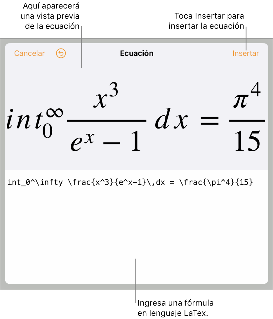 El cuadro de diálogo Ecuación con una ecuación escrita con comandos de LaTeX y una previsualización de la fórmula encima.