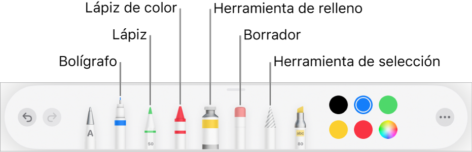 La barra de herramientas de dibujo en la app Pages del iPad, con un bolígrafo, lápiz, lápiz de color, relleno, borrador, herramienta de selección y paleta de colores, que muestra el color actual.