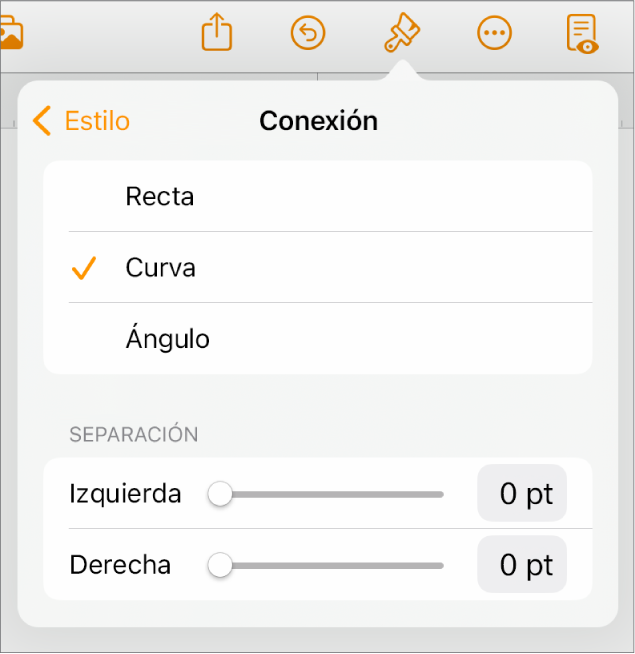 Controles de Conexión con la opción Curva seleccionada.