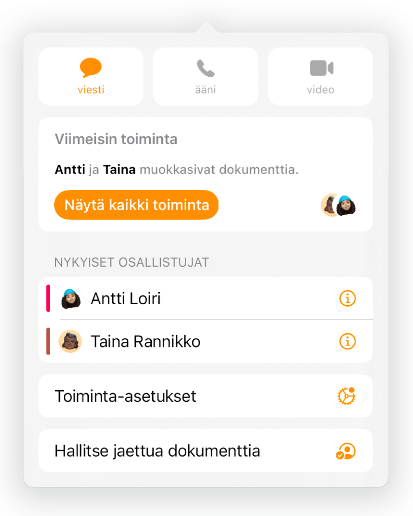 Yhteistyövalikko, jossa näkyvät dokumentin parissa yhteistyötä tekevien käyttäjien nimet.