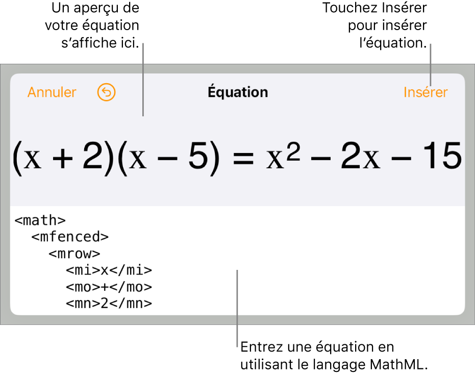 Zone de dialogue Équation, affichant une équation composée à l’aide des commandes MathML et aperçu de la formule au-dessus.