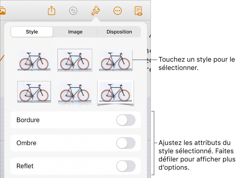 Onglet Style du menu Format avec des styles d’objet en haut et, en dessous, des commandes de modification de bordure, d’ombre, de reflet et d’opacité.