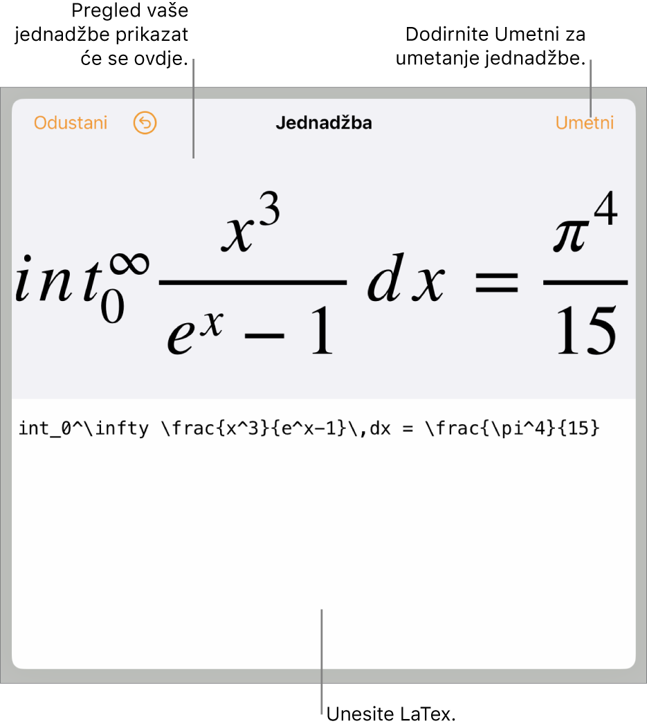 Dijaloški okvir Jednadžba koji prikazuje jednadžbu napisanu korištenjem LaTeX naredbi i prikaz gornje formule.