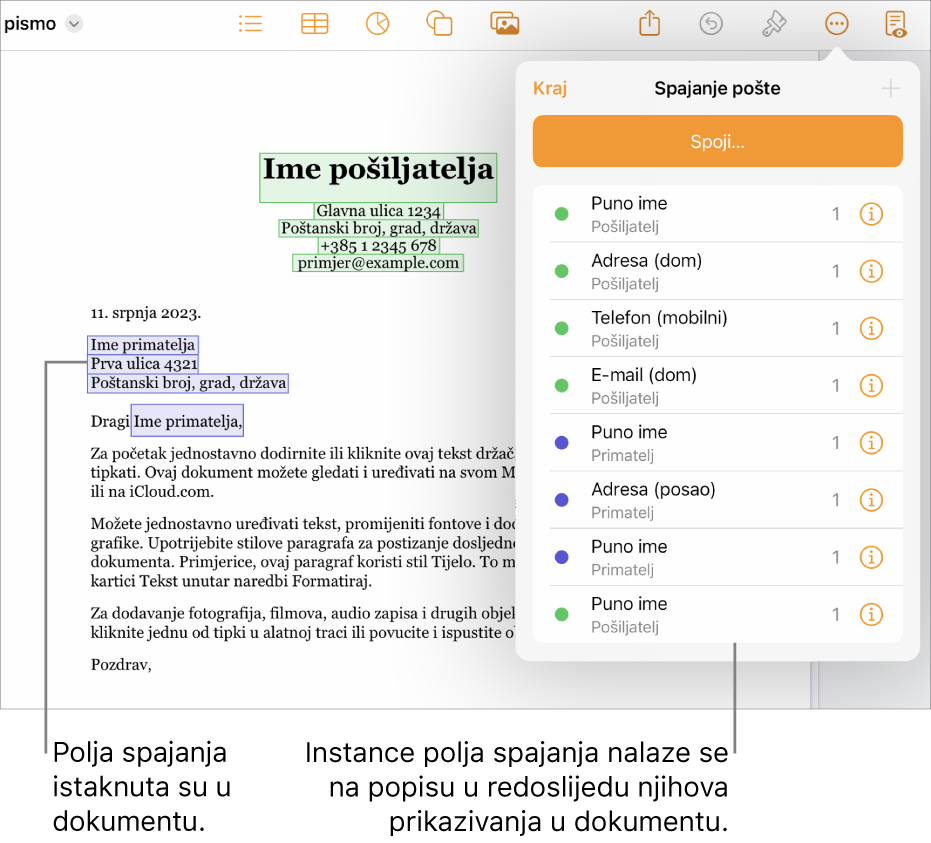 Dokument aplikacije Pages s poljima spajanja primatelja i pošiljatelja te popis instanci polja spajanja vidljiv u rubnom stupcu Dokument.