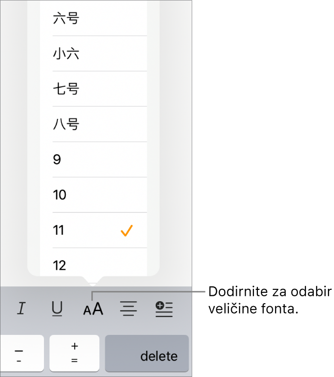 Tipka Veličina fonta s desne strane tipkovnice iPada s otvorenim izbornikom Veličina fonta. Standardne veličine fonta kopnene Kine pojavljuju se na vrhu izbornika s veličinama točaka ispod.