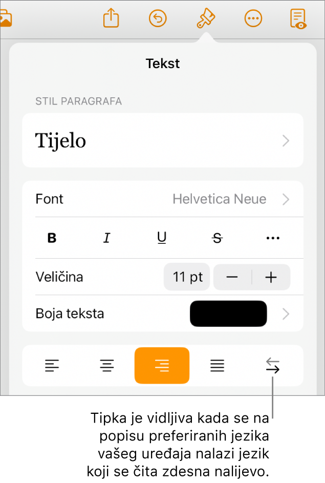 Kontrole teksta na izborniku Formatiraj s oblačićem koji pokazuje na tipku S desna na lijevo.