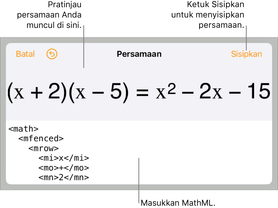 Dialog Persamaan, menampilkan sebuah persamaan ditulis menggunakan perintah MathML, dan pratinjau formula di atas.