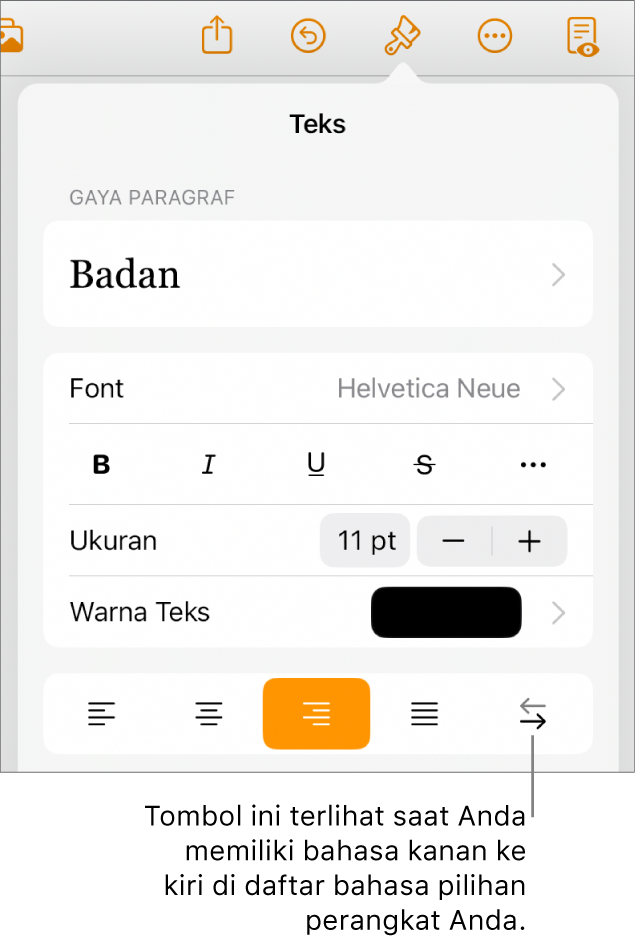 Kontrol teks di menu Format dengan keterangan yang menunjuk ke tombol Kanan ke Kiri.