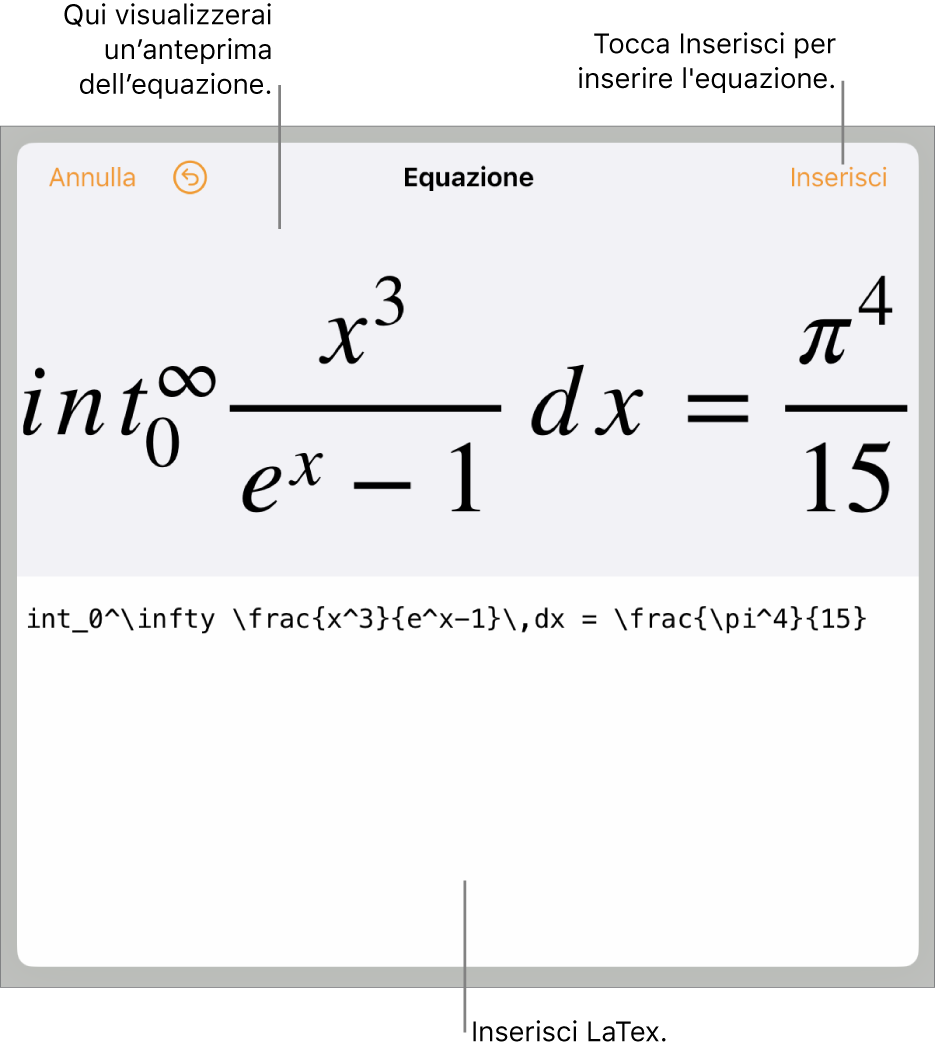 La finestra di dialogo Equazione con l’equazione scritta tramite comandi LaTeX e un’anteprima della formula di cui sopra.