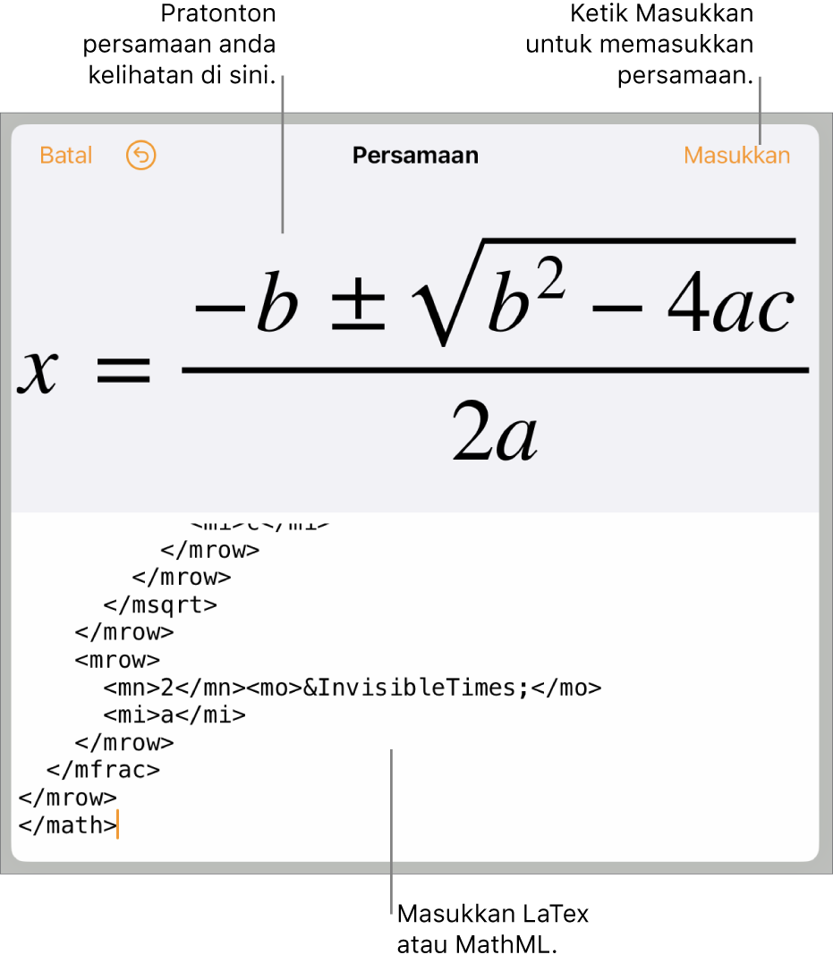 Dialog Persamaan, menunjukkan persamaan yang ditulis menggunakan perintah MathML manakala pratonton formulanya di atas.
