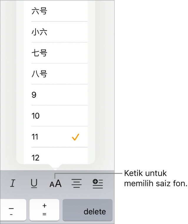 Butang Saiz Fon di sebelah kanan papan kekunci iPad dengan menu Saiz Fon dibuka. Saiz fon standard kerajaan Tanah Besar China kelihatan di bahagian atas menu dengan saiz titik di bawah.