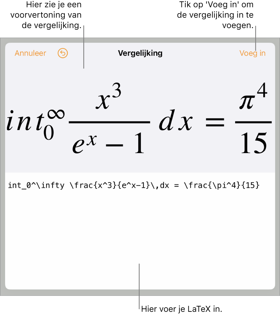 Het venster 'Vergelijking' met daarin een vergelijking die geschreven is met LaTeX-commando's en erboven een voorvertoning van de formule.