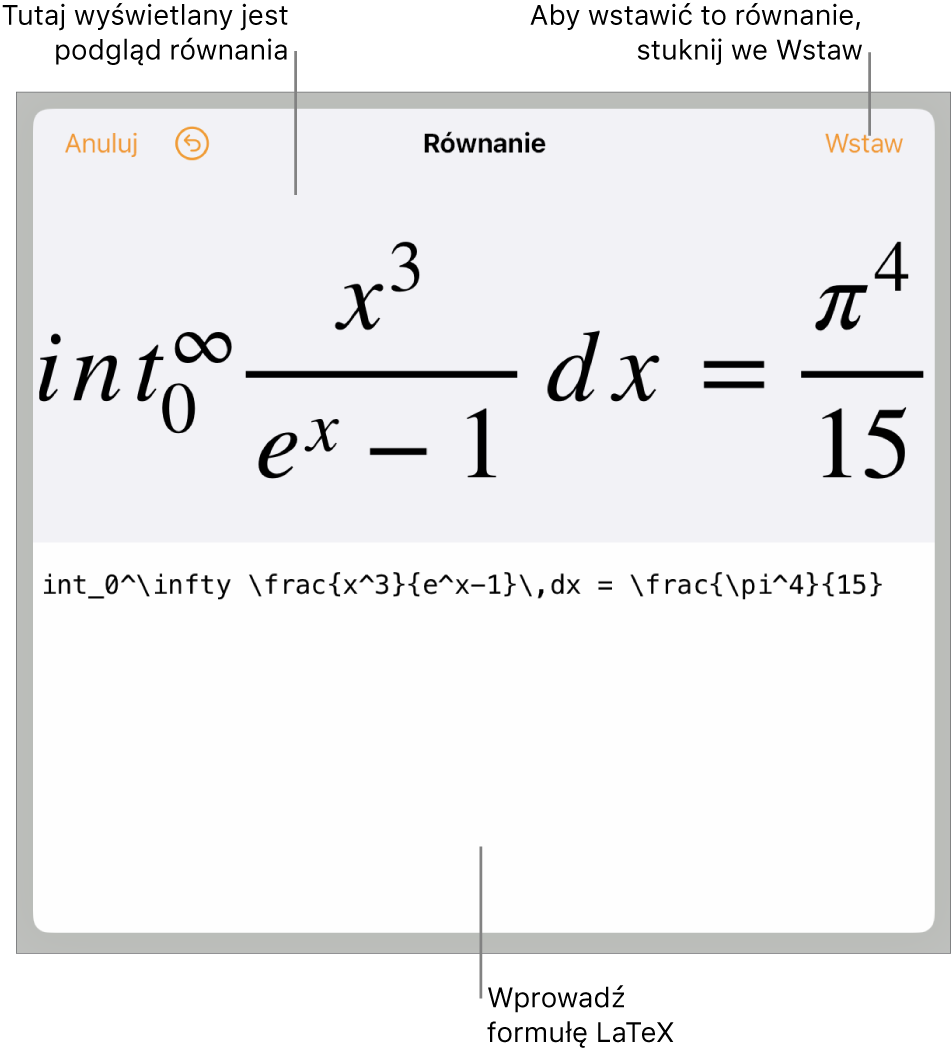 Pole dialogowe Równanie, zawierające równanie zapisane przy użyciu języka LaTeX. Powyżej widoczny jest podgląd tego równania.