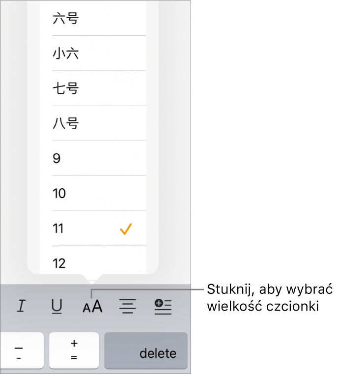 Przycisk Wielkość czcionki po prawej stronie klawiatury iPada z otwartym menu wielkości czcionki. U góry menu widoczne są wielkości czcionek zgodne ze standardem rządowym Chin kontynentalnych. Poniżej znajdują się rozmiary wyrażone w punktach.