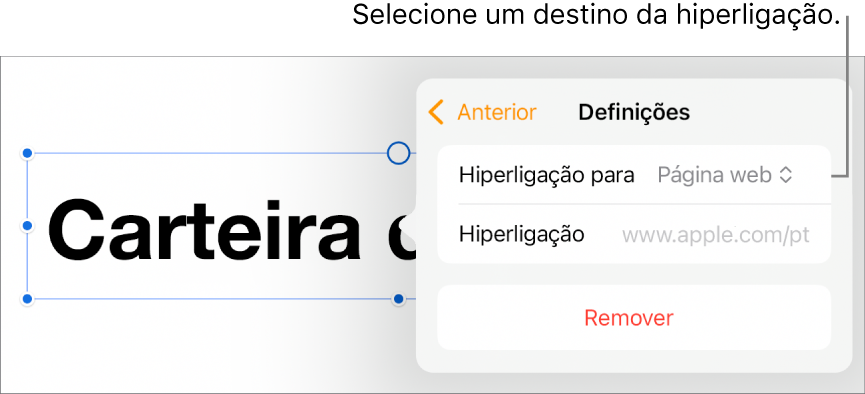 Os controlos “Definições” com a página web selecionada e o botão “Remover” na parte inferior.