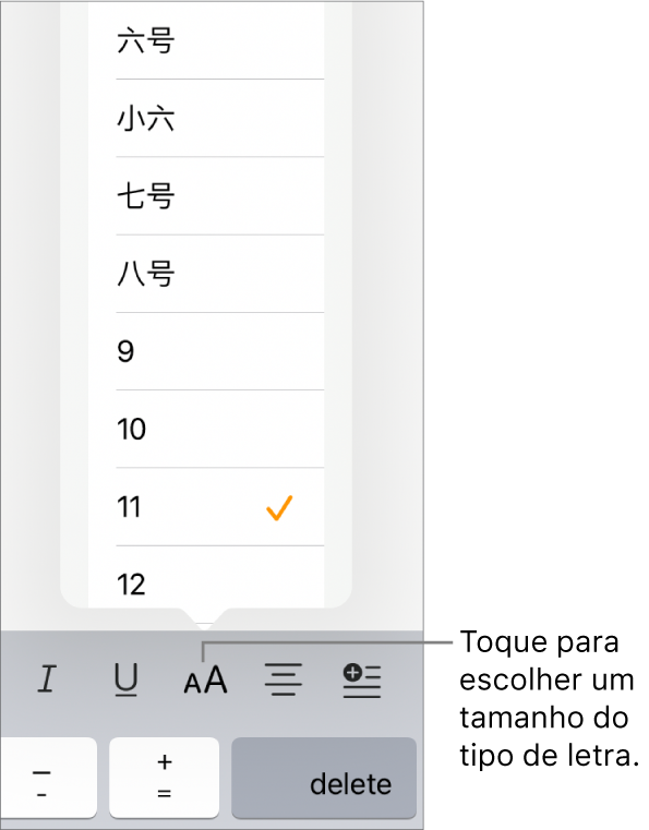 O botão "Tamanho do tipo de letra” do lado direito do teclado do iPad com o menu do tamanho do tipo de letra aberto. Os tamanhos do tipo de letra padrão do governo chinês aparecem na parte superior do menu com os tamanhos em pontos abaixo.