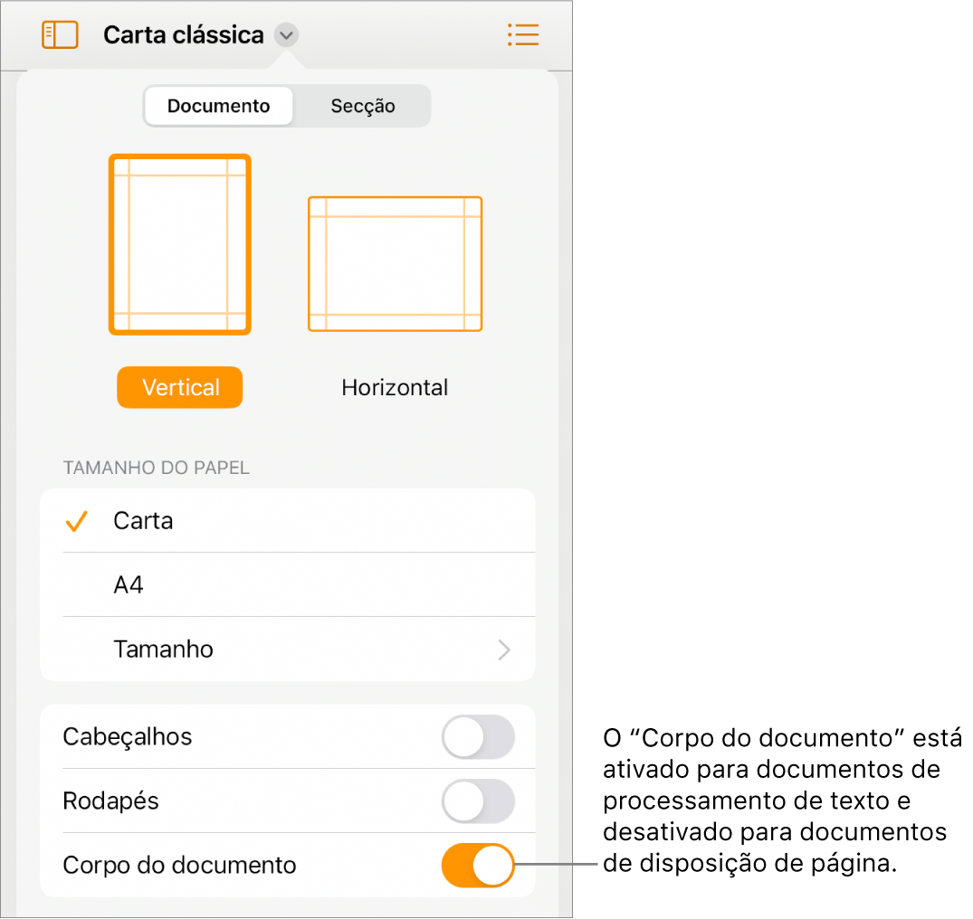 Os controlos de formatação de “Documento” com a opção “Corpo do documento” ativada perto da parte inferior do ecrã