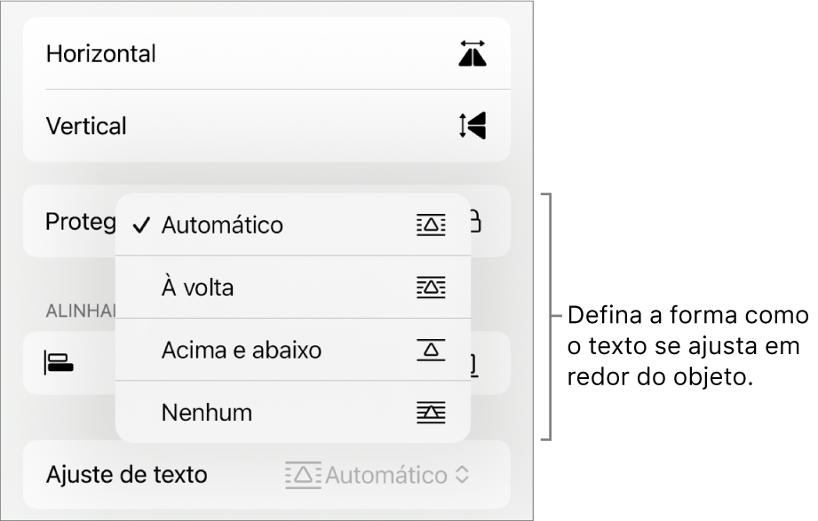 Os controlos de "Formatação” com o separador "Ordem” selecionado. Por baixo estão os controlos “Ajuste de texto” com “Passar para a frente/para trás”, “Mover com texto” e “Ajuste de texto”.