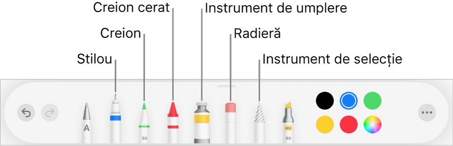 Bara de instrumentele pentru desen din Pages pe iPad cu stilou, creion, creion cerat, instrument de umplere, radieră, instrument de selecție și sursă de culoare afișând culoarea curentă.