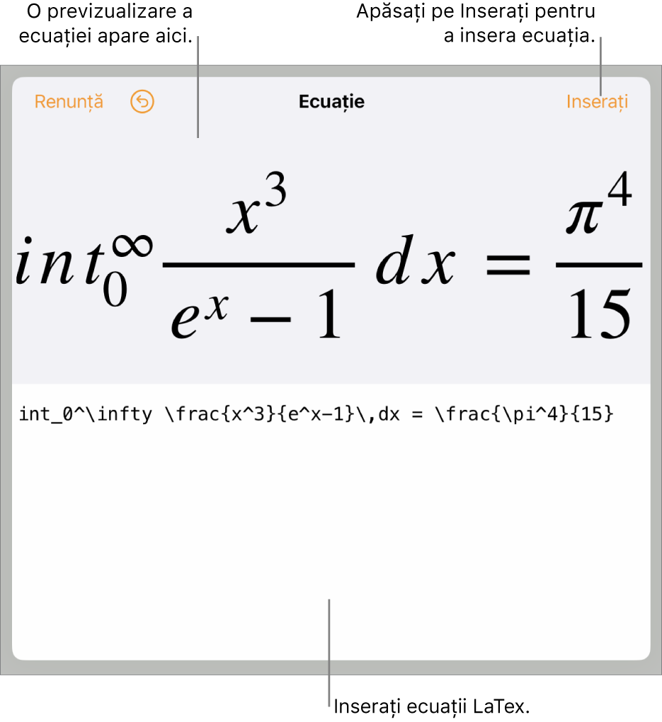 Caseta de dialog Ecuație, afișând o ecuație scrisă cu ajutorul comenzilor LaTex și, deasupra, o previzualizare a formulei.