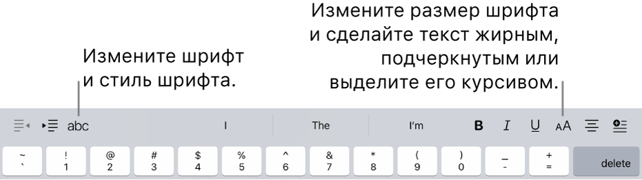 Кнопки форматирования текста, расположенные над клавиатурой, слева направо: отступ, шрифт, три поля прогнозирования текста, размер шрифта, выравнивание и вставка.